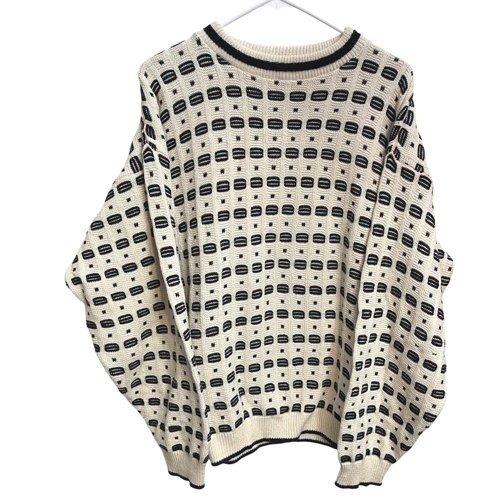 Vintage 90s Knightsbridge 3D Knit Sweater L Cream Black Geometric Grandpacore